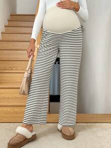 SHEIN 孕妇休闲条纹高腰裤，秋冬 - 黑與白 - 查看 5