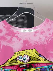 SpongeBob SquarePants | SHEIN 男士休闲扎染卡通图案圆领短袖T恤，夏季 - 白色 - 查看 4
