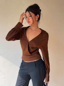 Siren Gaze Women's Elegant Coffee Brown Autumn Blouse,Minimalist V-Neck Long Sleeve Office Top,Casual Everyday Dark Chocolate Brown Solid Color Winter Top - Coffee Brown - View 3