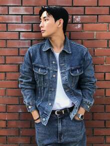 DAZY 男士纯蓝色水洗复古风格夹克套装，秋季