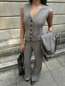 SHEIN EZwear 时尚通勤夹克、背心和裤子套装 - 棕色 - 查看 2