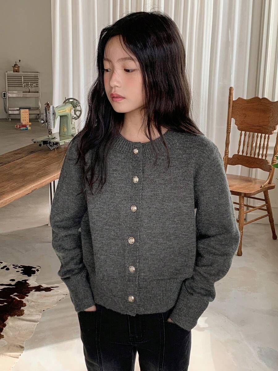 DAZY Áo len cardigan dệt kim đơn hàng ngày cổ tròn tay dài màu trơn cho bé gái tuổi mới lớn, mùa thu/đông - Xám - Xem 1