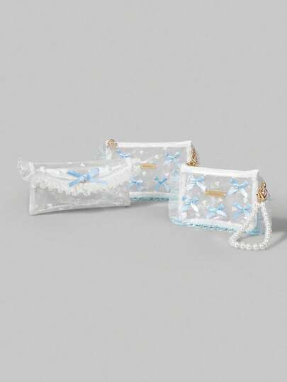 Kawaii 1 pezzo Borsa cosmetica, portamonete, organizer per gioielli, auricolari, rossetti, in PVC trasparente con decorazione a fiocco e perla, sacchetto da viaggio, idea regalo