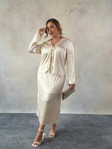 SHEIN LUNE Plus Size Elegant Commuter Dinner Party Formal Wedding Champagne Tie-Up Shirt Split Hem Skirt 2 Pieces Set Autumn Wedding - Apricot - View 7