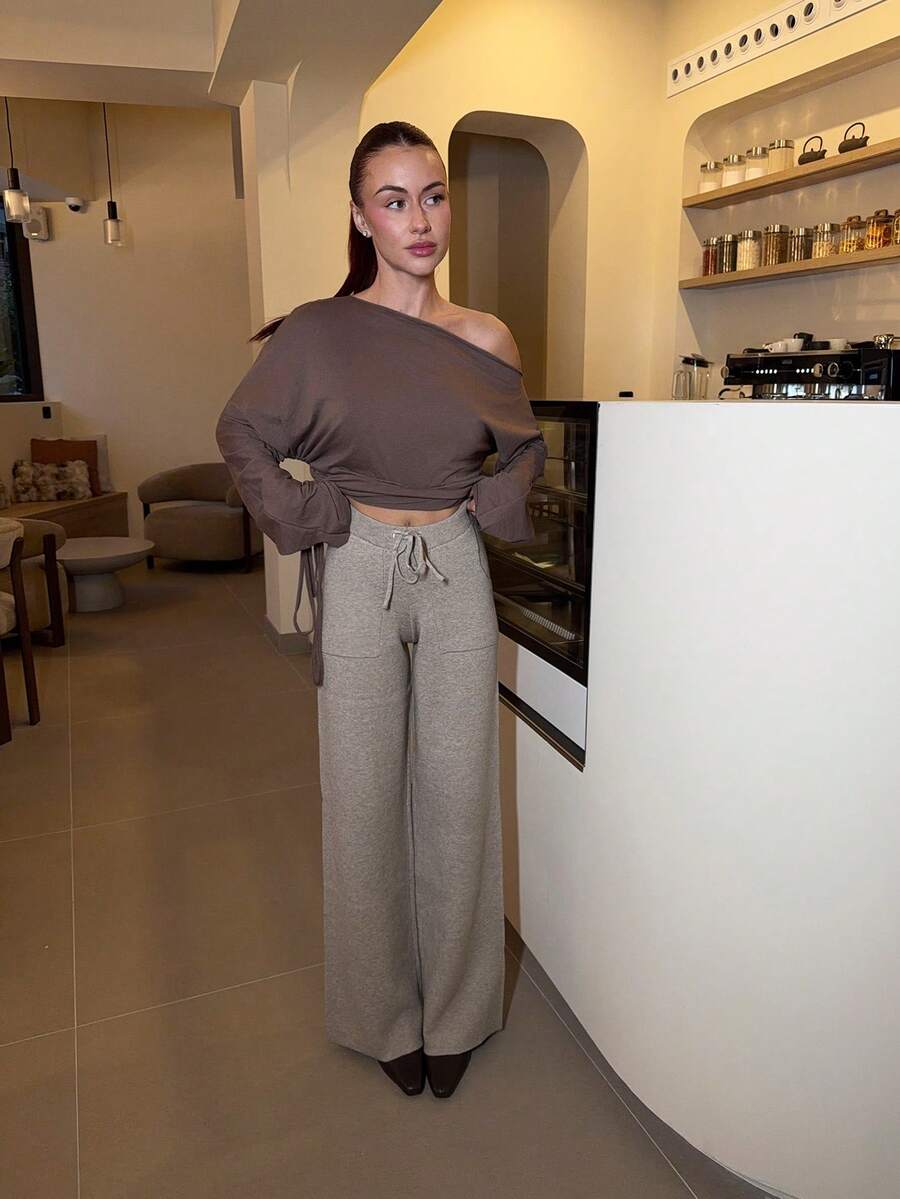 Women Casual Solid Asymmetric Collar Drawstring Top, Autumn - Brown - View 1