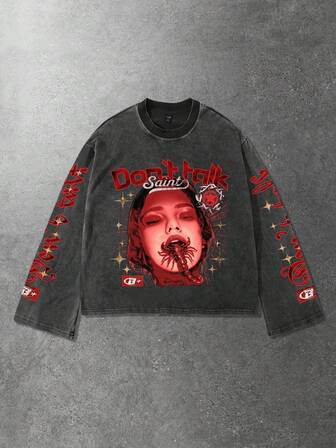 Street Life Camiseta de manga larga con cuello redondo casual para hombres, con estampado gráfico creativo y lavada