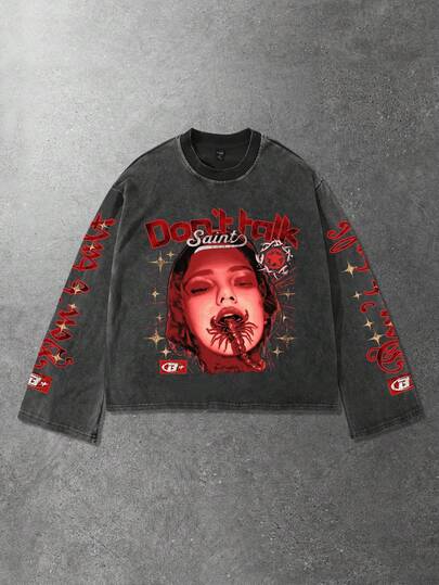 Street Life Men's Casual Crew Neck Creative Graphic Print Washed Long Sleeve T-Shirt