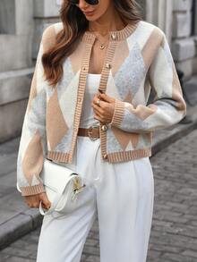 SHEIN PETITE Women's Autumn/Winter New Rhombus Jacquard Casual Elegant Elegant Versatile Slimming Design Sense High-End Unique Knitted Sweater - Multicolor - View 6