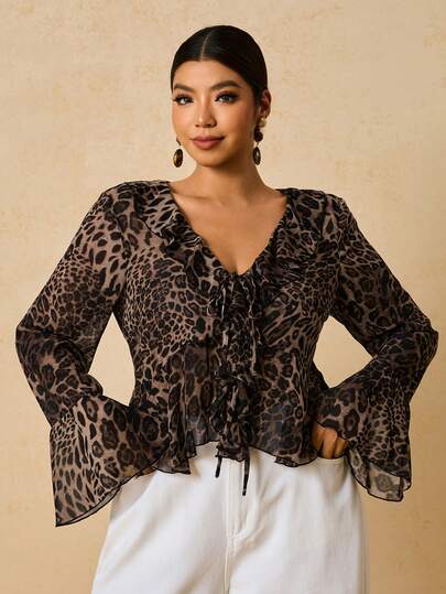 Travachic Damen Große Größen Leoparden-Muster Chiffon Langarm Bluse, V-Ausschnitt Rüschen romantisch elegante Bluse