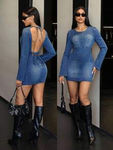 Jeanoix Y2K Fashion Casual Deconstructed Backless Criss-Cross Bow Flare Sleeve Denim Jumpsuit - Dark Wash - View 8
