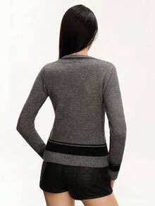 Rina Fox Grauer V-Ausschnitt gestrickter Cardigan, elegante Strickjacke - Grau - Übersicht 3