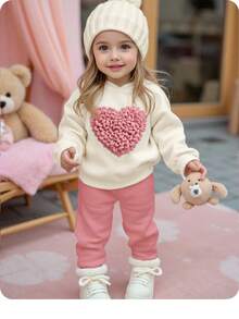 SHEIN Babygirl 可爱心形图案针织连帽衫套装，秋冬 - 彩色 - 查看 1