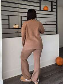 Tyla Gomez Drop Shoulder Sweater & Knit Pants Fall Winter Cloth For Women - Khaki - View 2