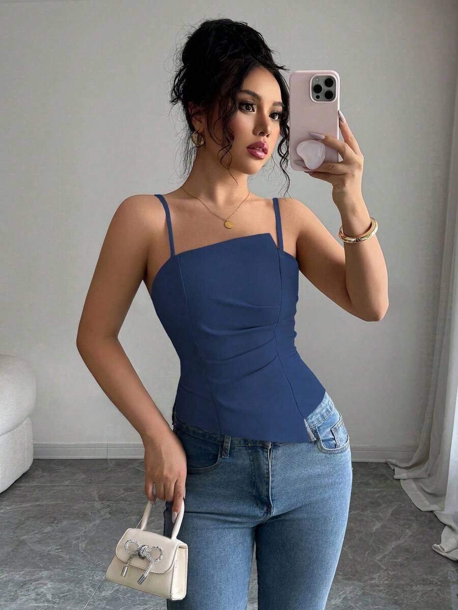Elenzga Elegant & Cute Pleated Design Women's Solid Color Minimalist Camisole Tank Top, Everyday Wear - Dusty Blue - View 1