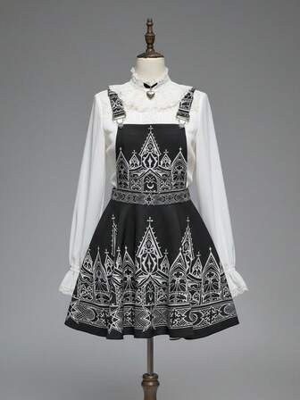 Robe pinafore style gothique à imprimé château pour femmes