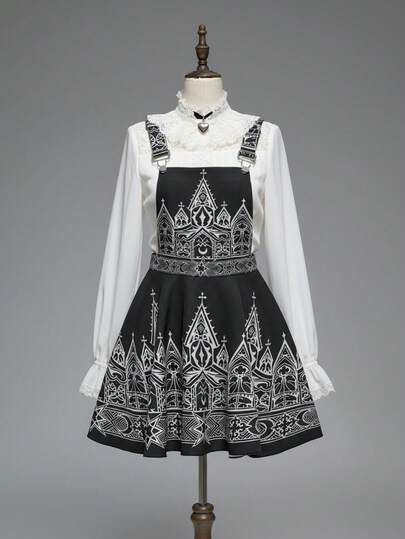 Women's Gothic Castle Print Pinafore A-Line Dress