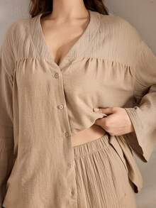 Ocili Bộ đồ ngủ tay dài màu trơn cỡ lớn và quần dài, quần áo mùa đông - Lạc đà - Xem 6