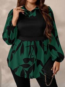 EMERY ROSE Blusa casual de punto con estampado floral y patchwork para mujer talla grande, otoño/invierno - Verde Oscuro - Ver 3