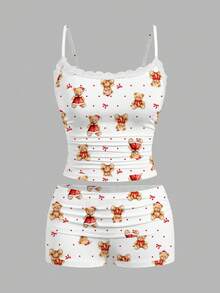 SHEIN EZwear 女士蕾丝边吊带背心和褶皱短裤两件套，可爱圣诞熊印花，适合圣诞节、派对、秋冬季穿着。 - 彩色 - 查看 2
