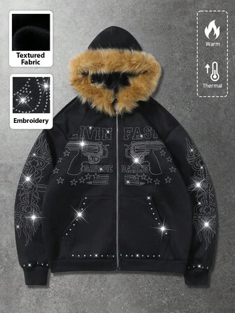 Street Life Sudadera con cuello de peluche y estampado brillante para hombre