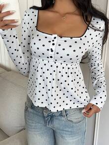 SHEIN EZwear 大码女式波点印花纽扣半开襟方领长袖休闲衬衫 - 白色 - 查看 5