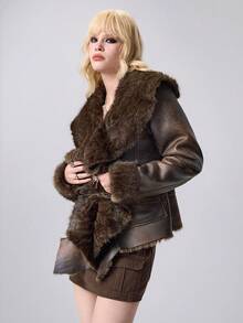 ROMWE EDITION 女式仿旧绒面革拼布仿皮草 Y2K 千禧复古夹克 - 棕色 - 查看 6