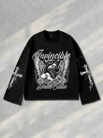 Street Life T-shirt à col ras-du-cou imprimé, manches longues, style décontracté pour homme