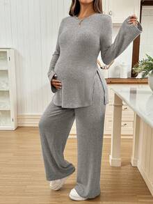 SHEIN 2pcs Maternity Set: Round Neck Flare Sleeve Casual Top & Ribbed Pants Two Piece Set Women Comfy 2 Piece Lounge Sets Woman Maternity 2 Piece Set Maternity Clothes Two Piece Suits Comfortable Two Piece Set - Light Grey - View 6