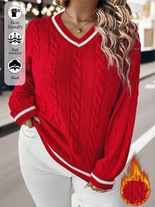 EMERY ROSE Plus Size Women Red & White Striped Knit Sweater, Casual Pullover Sweater Suitable For Christmas, Halloween, Back To School Season, Autumn/Winter