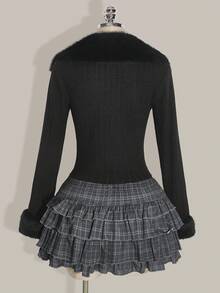 SHEIN ICON 大码女式腰部褶皱格子蛋糕裙，时尚 - 灰色 - 查看 11