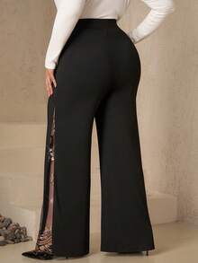 Chikora 大码女式浪漫优雅时尚黑色高腰亮片刺绣网纱拼接阔腿裤，高弹力针织裤，2025新款，冬季，复古，外出，秋季，新年，感恩节，圣诞节 - 黑色 - 查看 7