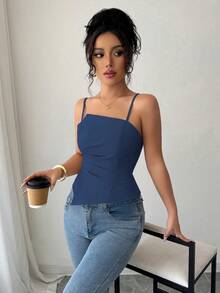 Elenzga Elegant & Cute Pleated Design Women's Solid Color Minimalist Camisole Tank Top, Everyday Wear - Dusty Blue - View 6