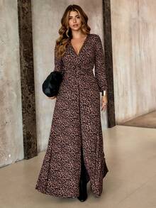 Roveilla 大码女式法式休闲优雅豹纹长袖 V 领连衣裙，秋冬 - 彩色 - 查看 6