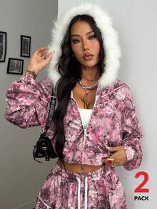 Coolane 女士和男士秋冬街头服饰外出嘻哈 Y2K 复古树枝图案舒适运动衫连帽衫和弧形下摆裤子，2 件 - 粉色 - 查看 5