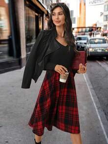 Editum 女士优雅红黑格子印花A字裙，秋冬装 - 彩色 - 查看 7