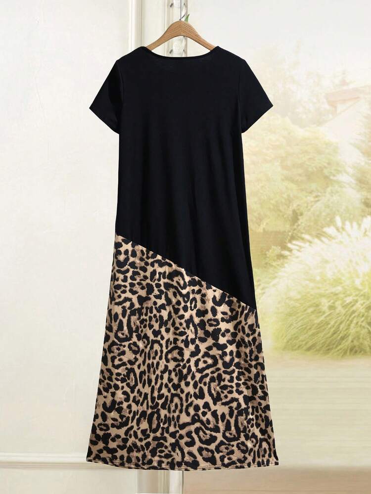 Women's Round Neck Short Sleeve Leopard Print Patchwork Casual Loose Dress