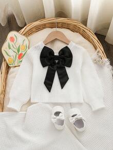 SHEIN LMoss Kids LMoss Baby Girl Color-Block Big Bow Crew Neck Form-Fitting Casual Sweater - White - View 5
