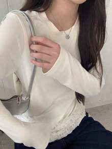 DAZY Women's Casual Versatile Lace Trim Long Sleeve T-Shirt