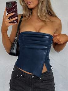 Siren Gaze Women Leather Top Fashionable Ruched Asymmetric Hem Tube Top, Suitable For Going Out And Parties Christmas Top Ruffle PU Leather Side Slit Hem Bandeau Crop Top Navy Blue Tube Top Strapless Top Leather Tube Top Ruched Tube Top Curve Tube Top Summer Pleated Tube Top Strapless Tube Top - Navy Blue - View 5