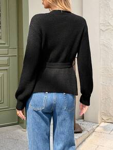 SHEIN Frenchy Women's Casual Long Sleeve Single-Breasted Knitted Cardigan, Autumn/Winter,Perfect For Everyday Wear,Thanksgiving For Women,Winter For Women,New Year Women's,Stylish Collection,Holiday Women;,French-Style Casual Black Sweater With Round Neck And Metal Button Front, French Style, Breakfast For Women, Black Cardigan, Bow;