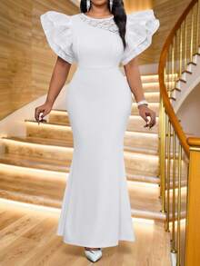 Fleurora 大码优雅派对纯色荷叶边蕾丝拼布鱼尾长裙 - 白色 - 查看 5