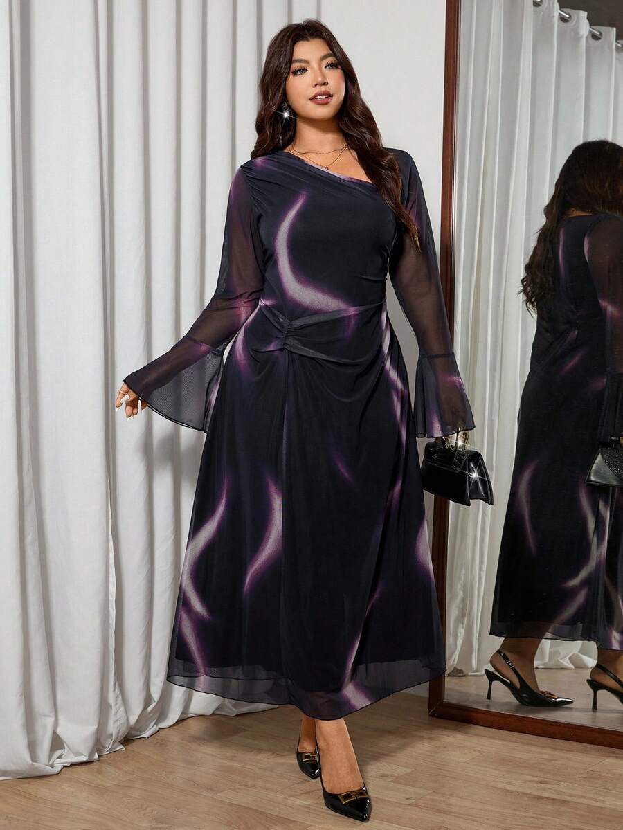 Modelyn Plus Size Knit Mesh Print Black Long Sleeve Ruched Elegant Fitted Dress - Black - View 1