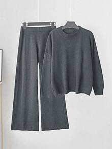 Linhara Plus Size Women Knitted Wool Sweater Loungewear Set, Coffee Color - Dark Grey - View 7