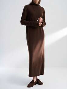 INAWLY Váy dài cổ lọ giản dị bằng vải cashmere giả - Cà phê - Xem 3