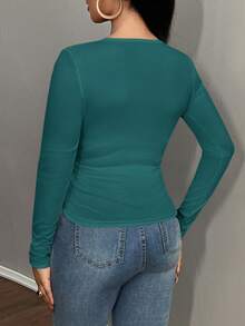 Slaydiva Women's Light Teal Ribbed Knit Long Sleeve T-Shirt,Casual Autumn Scoop Neck Fitted Top,Minimalist Y2k Style Blouses For Everyday Wear Occasion - Dark Green - View 5