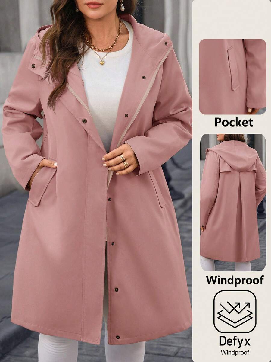 EMERY ROSE Abrigo largo tipo trench con capucha y cremallera de unicolor simple para uso diario y casual para mujeres de talla grande - Rosa - Ver 1