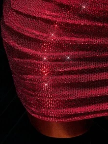 Amplova طقم ملابس علوية قصيرة ذات ترتر ذهبية باللون الأحمر الكرزي وتنورة قصيرة منخفضة الخصر، طقم نسائي مكون من قطعتين