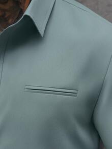 Manfinity Homme 白色男士休闲商务短袖衬衫 - 綠色 - 查看 3