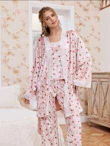 CottageSlumber 3pcs Women's Romantic Floral Velvet & Lace Pajama Clothes Set, Autumn/Winter