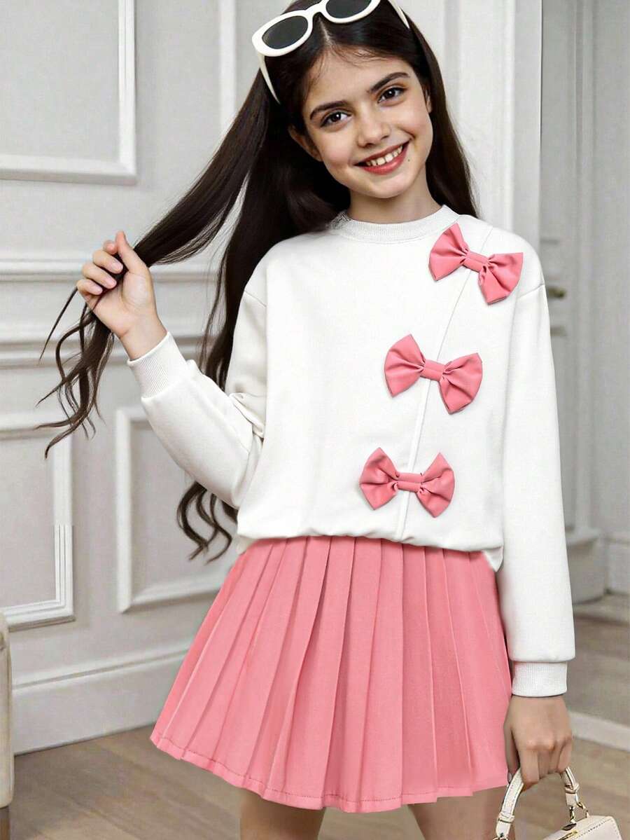 2pcs Set: Bow Decor Khaki Long Sleeve Sweatshirt & Black Pleated Mini Skirt - Pink - View 1